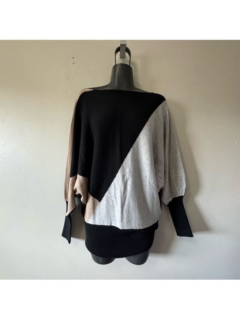 Joseph Black and Tan Crew Neck Sweater with Asymmetrical Design, Batwing sleeve